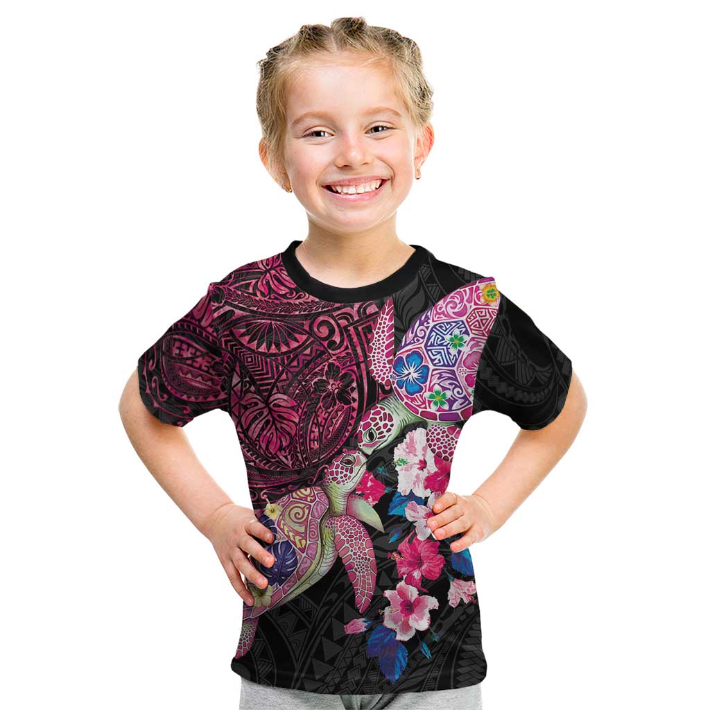 Hawaiian Couple Turtles Honi Kid T Shirt Polynesian Art Motifs and Hibiscus Black Red Color LT03 Black - Polynesian Pride