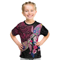 Hawaiian Couple Turtles Honi Kid T Shirt Polynesian Art Motifs and Hibiscus Black Red Color LT03 Black - Polynesian Pride