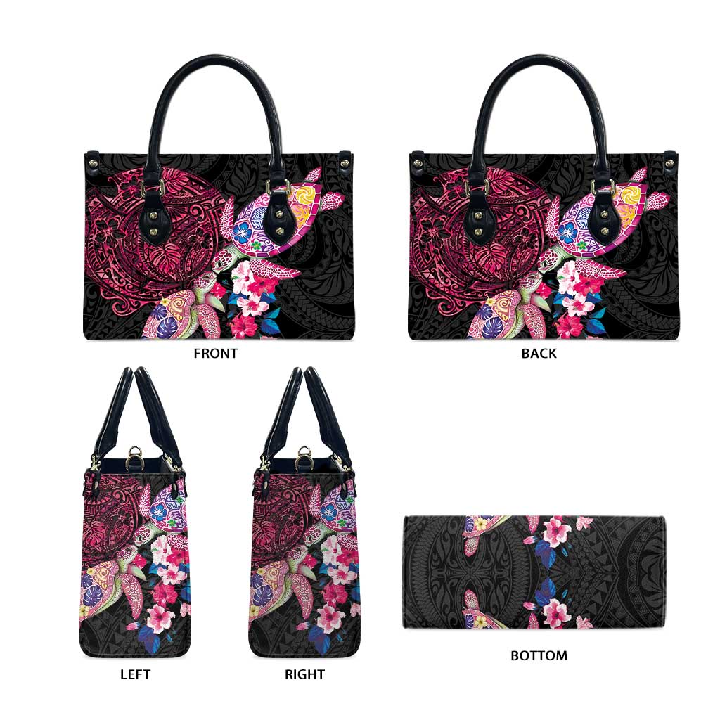 Hawaiian Couple Turtles Honi Leather Bag Polynesian Art Motifs and Hibiscus Black Red Color - Polynesian Pride