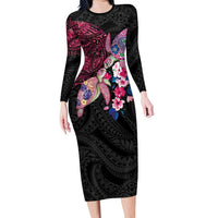 Hawaiian Couple Turtles Honi Long Sleeve Bodycon Dress Polynesian Art Motifs and Hibiscus Black Red Color LT03 Long Dress Black - Polynesian Pride