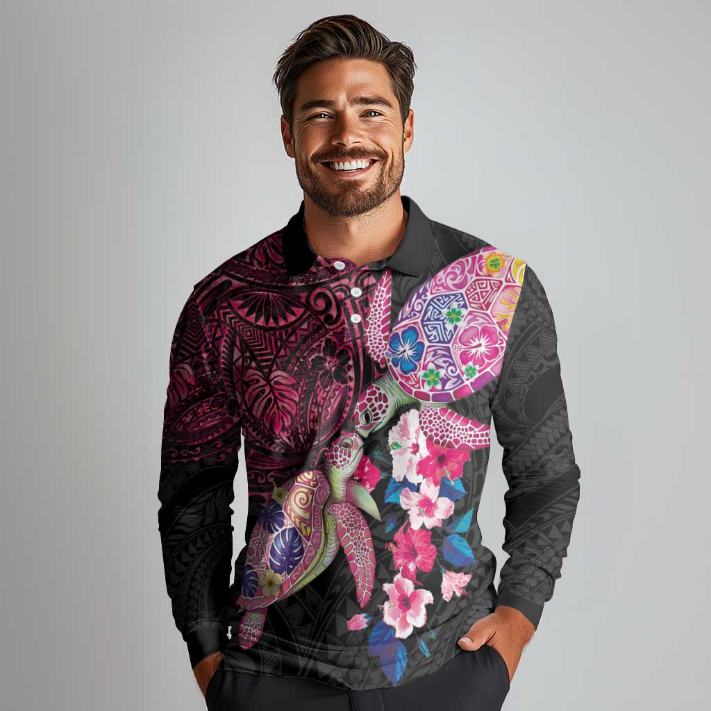 Hawaiian Couple Turtles Honi Long Sleeve Polo Shirt Polynesian Art Motifs and Hibiscus Black Red Color LT03 - Polynesian Pride