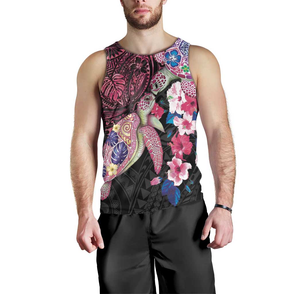 Hawaiian Couple Turtles Honi Men Tank Top Polynesian Art Motifs and Hibiscus Black Red Color - Polynesian Pride