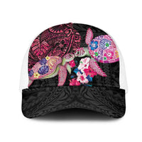 Hawaiian Couple Turtles Honi Mesh Trucker Cap Polynesian Art Motifs and Hibiscus Black Red Color - Polynesian Pride