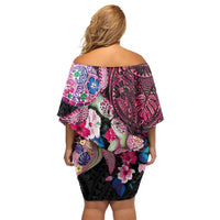 Hawaiian Couple Turtles Honi Off Shoulder Short Dress Polynesian Art Motifs and Hibiscus Black Red Color LT03 - Polynesian Pride