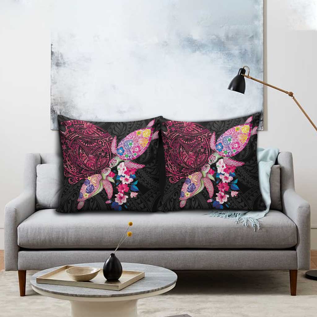 Hawaiian Couple Turtles Honi Pillow Cover Polynesian Art Motifs and Hibiscus Black Red Color - Polynesian Pride