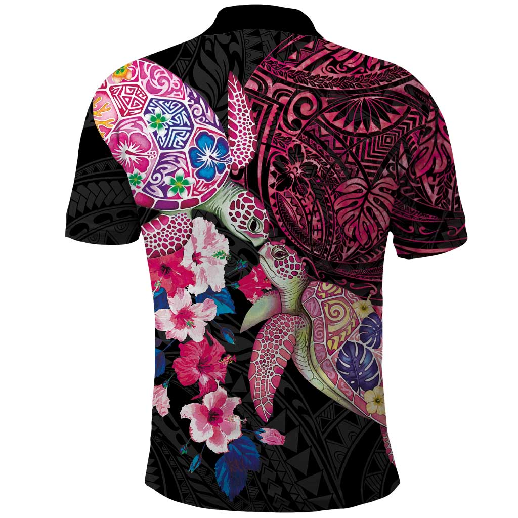 Hawaiian Couple Turtles Honi Polo Shirt Polynesian Art Motifs and Hibiscus Black Red Color LT03 - Polynesian Pride