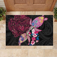 Hawaiian Couple Turtles Honi Rubber Doormat Polynesian Art Motifs and Hibiscus Black Red Color LT03 Black - Polynesian Pride