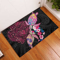 Hawaiian Couple Turtles Honi Rubber Doormat Polynesian Art Motifs and Hibiscus Black Red Color LT03 - Polynesian Pride