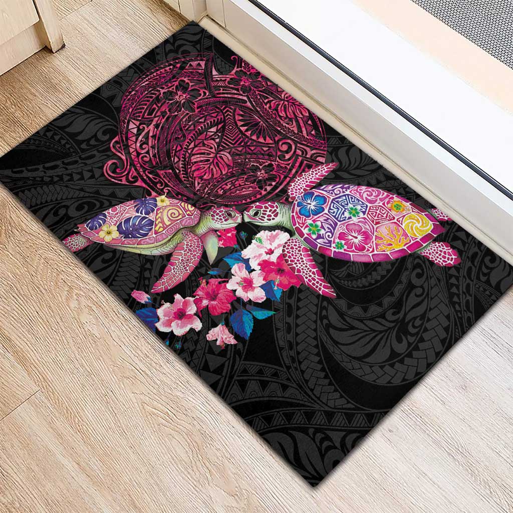Hawaiian Couple Turtles Honi Rubber Doormat Polynesian Art Motifs and Hibiscus Black Red Color LT03 - Polynesian Pride