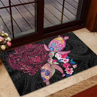 Hawaiian Couple Turtles Honi Rubber Doormat Polynesian Art Motifs and Hibiscus Black Red Color LT03 - Polynesian Pride