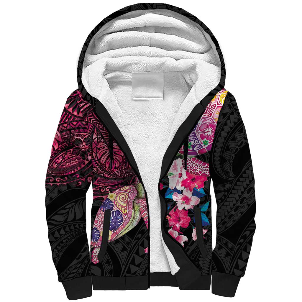 Hawaiian Couple Turtles Honi Sherpa Hoodie Polynesian Art Motifs and Hibiscus Black Red Color LT03 Unisex Black - Polynesian Pride