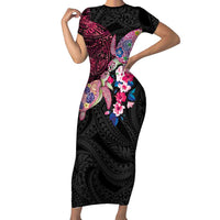 Hawaiian Couple Turtles Honi Short Sleeve Bodycon Dress Polynesian Art Motifs and Hibiscus Black Red Color LT03 Long Dress Black - Polynesian Pride