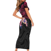 Hawaiian Couple Turtles Honi Short Sleeve Bodycon Dress Polynesian Art Motifs and Hibiscus Black Red Color LT03 - Polynesian Pride