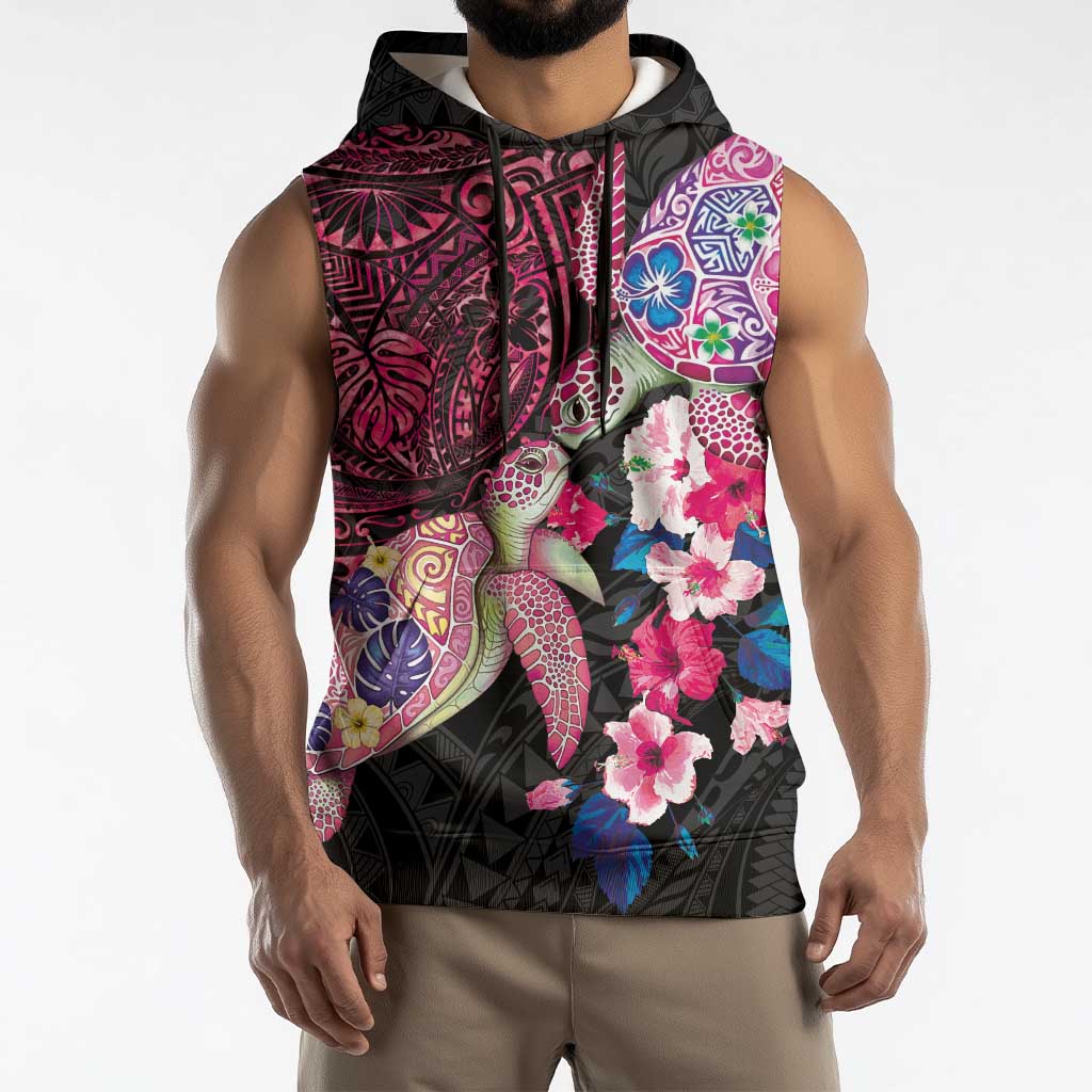 Hawaiian Couple Turtles Honi Sleeveless Hoodie Polynesian Art Motifs and Hibiscus Black Red Color LT03 - Polynesian Pride