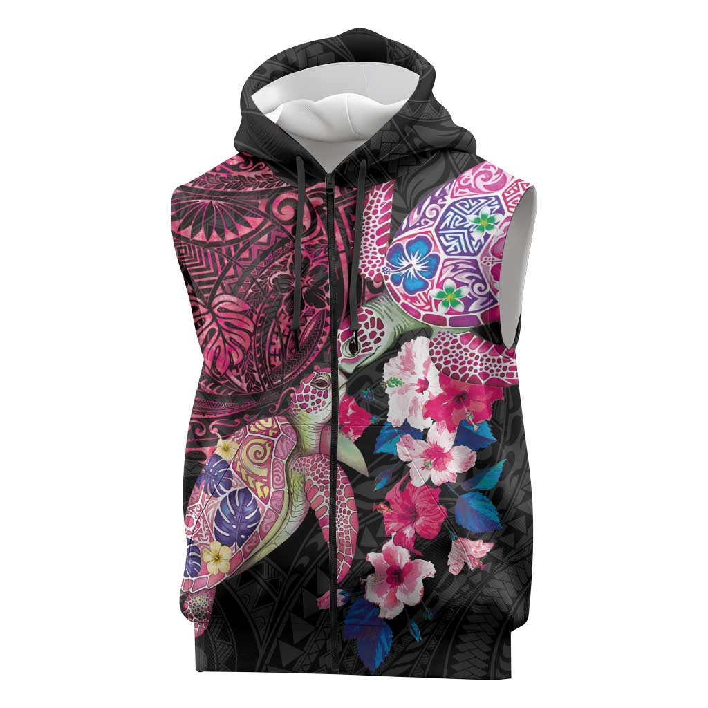 Hawaiian Couple Turtles Honi Sleeveless Zip Hoodie Polynesian Art Motifs and Hibiscus Black Red Color LT03 Black - Polynesian Pride