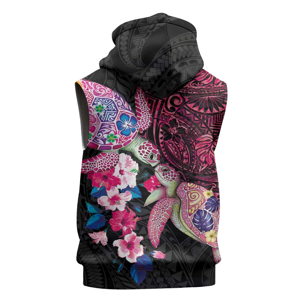 Hawaiian Couple Turtles Honi Sleeveless Zip Hoodie Polynesian Art Motifs and Hibiscus Black Red Color LT03 - Polynesian Pride