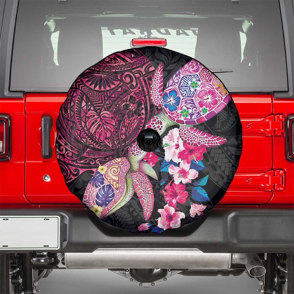 Hawaiian Couple Turtles Honi Spare Tire Cover Polynesian Art Motifs and Hibiscus Black Red Color LT03 - Polynesian Pride