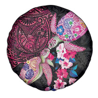 Hawaiian Couple Turtles Honi Spare Tire Cover Polynesian Art Motifs and Hibiscus Black Red Color LT03 - Polynesian Pride