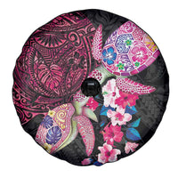 Hawaiian Couple Turtles Honi Spare Tire Cover Polynesian Art Motifs and Hibiscus Black Red Color LT03 - Polynesian Pride