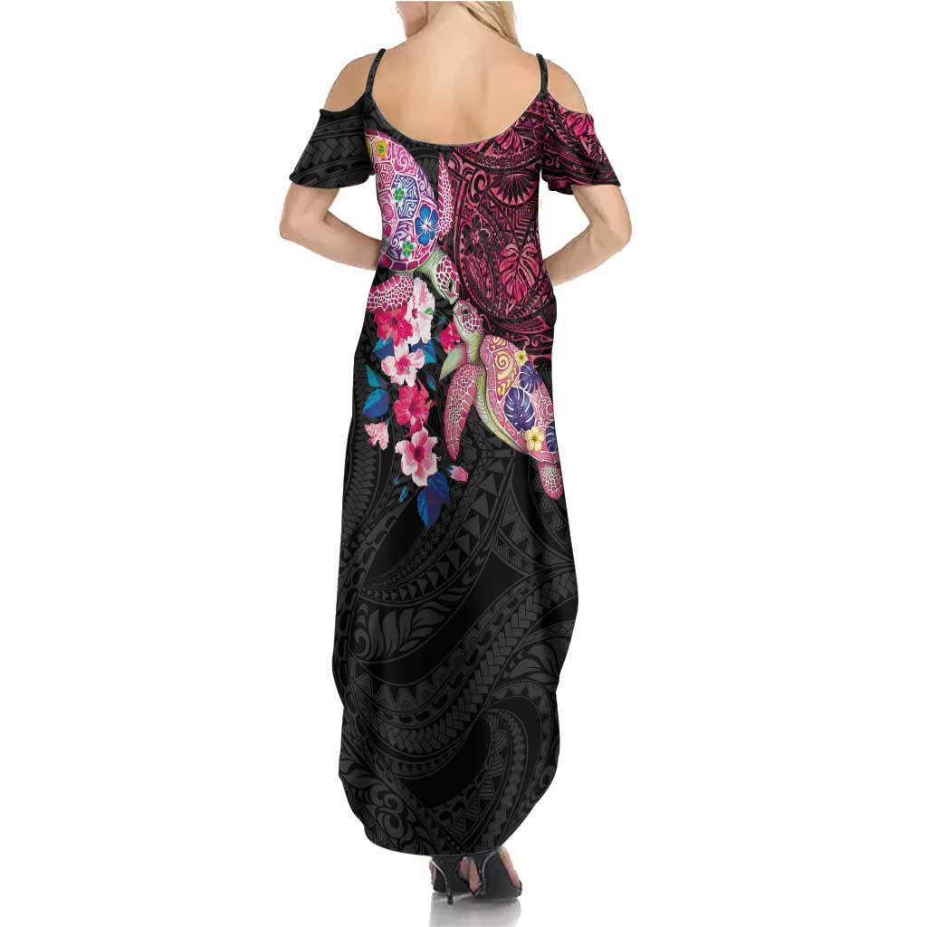 Hawaiian Couple Turtles Honi Summer Maxi Dress Polynesian Art Motifs and Hibiscus Black Red Color LT03 - Polynesian Pride