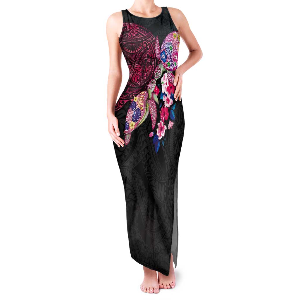 Hawaiian Couple Turtles Honi Tank Maxi Dress Polynesian Art Motifs and Hibiscus Black Red Color LT03 Women Black - Polynesian Pride