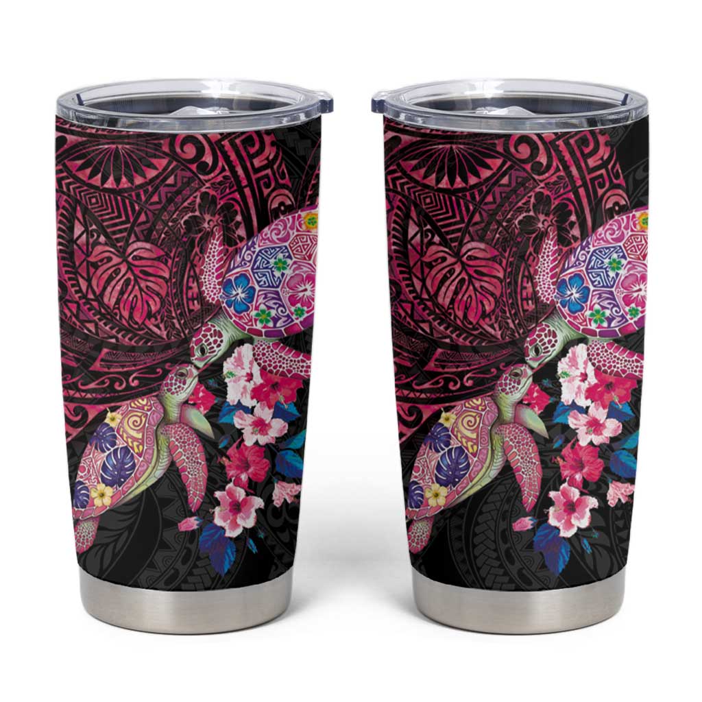 Hawaiian Couple Turtles Honi Tumbler Cup Polynesian Art Motifs and Hibiscus Black Red Color LT03 Black - Polynesian Pride