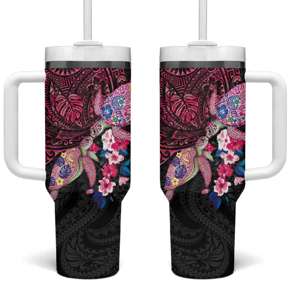Hawaiian Couple Turtles Honi Tumbler With Handle Polynesian Art Motifs and Hibiscus Black Red Color LT03 One Size: 40 oz Black - Polynesian Pride