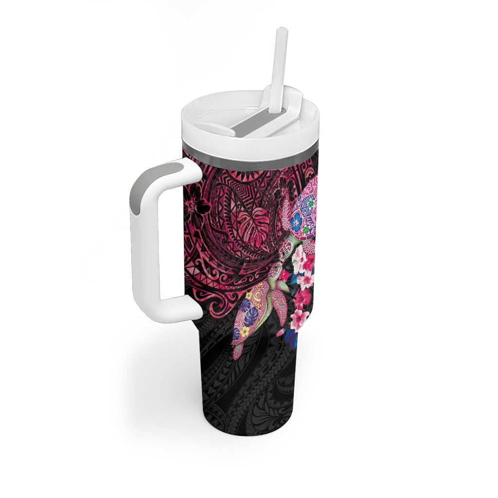 Hawaiian Couple Turtles Honi Tumbler With Handle Polynesian Art Motifs and Hibiscus Black Red Color LT03 - Polynesian Pride