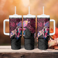 Hawaiian Couple Turtles Honi Tumbler With Handle Polynesian Art Motifs and Hibiscus Black Red Color LT03 - Polynesian Pride