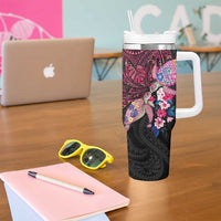 Hawaiian Couple Turtles Honi Tumbler With Handle Polynesian Art Motifs and Hibiscus Black Red Color LT03 - Polynesian Pride