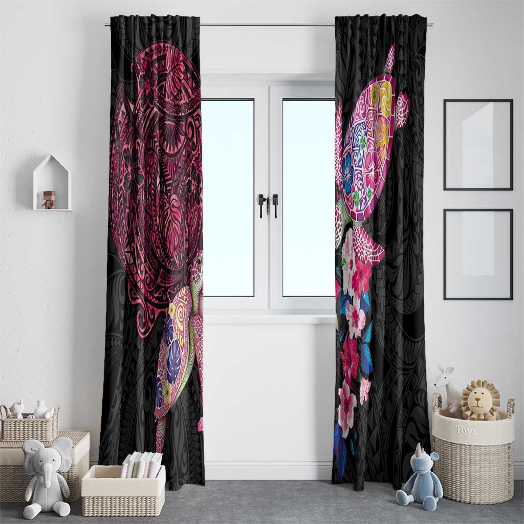 Hawaiian Couple Turtles Honi Window Curtain Polynesian Art Motifs and Hibiscus Black Red Color - Polynesian Pride