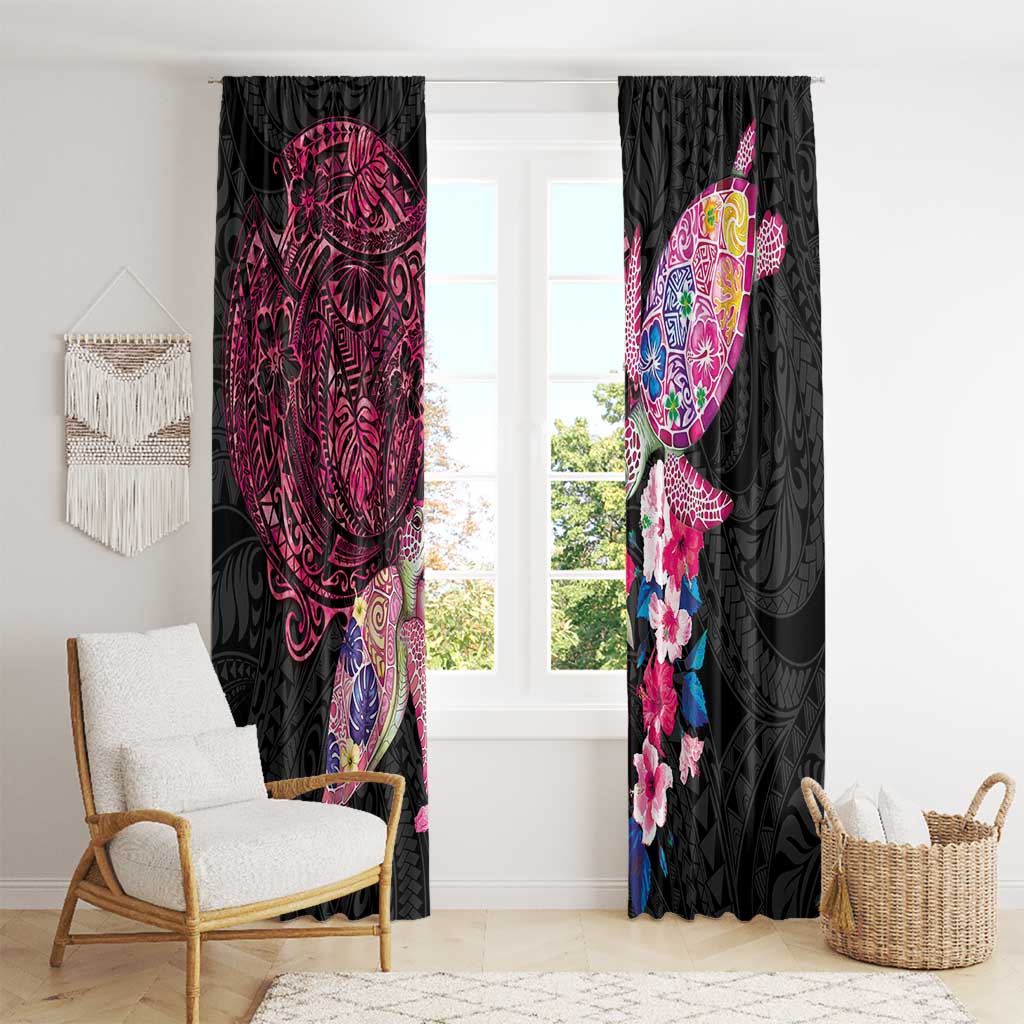Hawaiian Couple Turtles Honi Window Curtain Polynesian Art Motifs and Hibiscus Black Red Color - Polynesian Pride