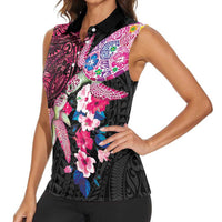 Hawaiian Couple Turtles Honi Women Sleeveless Polo Shirt Polynesian Art Motifs and Hibiscus Black Red Color LT03 - Polynesian Pride