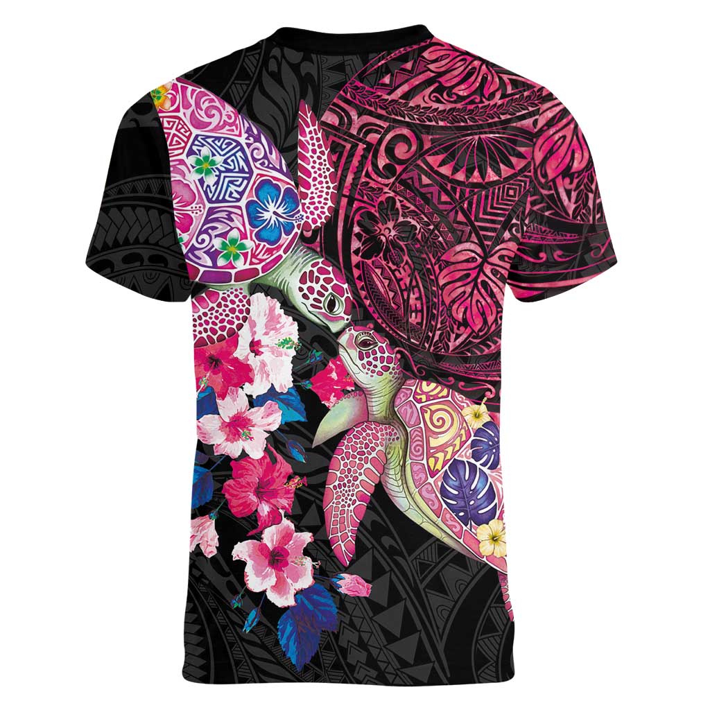 Hawaiian Couple Turtles Honi Women V-Neck T-Shirt Polynesian Art Motifs and Hibiscus Black Red Color LT03 - Polynesian Pride