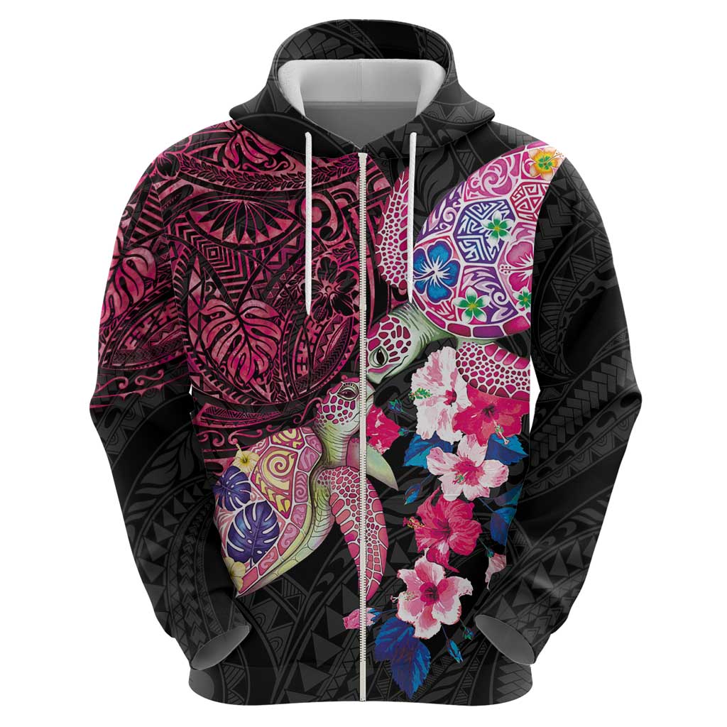 Hawaiian Couple Turtles Honi Zip Hoodie Polynesian Art Motifs and Hibiscus Black Red Color LT03 - Polynesian Pride