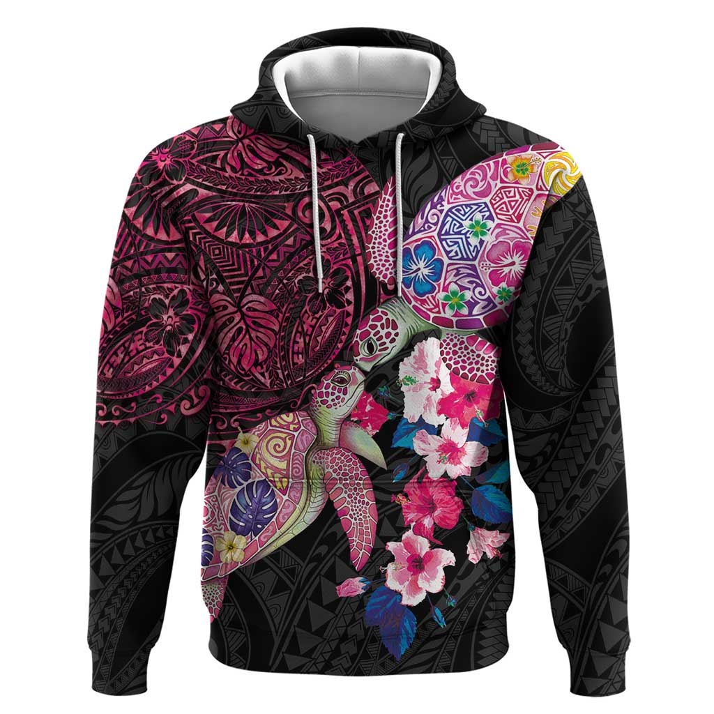 Hawaiian Couple Turtles Honi Zip Hoodie Polynesian Art Motifs and Hibiscus Black Red Color LT03 Pullover Hoodie Black - Polynesian Pride