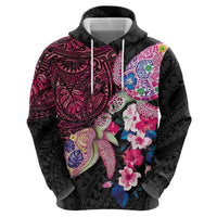 Hawaiian Couple Turtles Honi Zip Hoodie Polynesian Art Motifs and Hibiscus Black Red Color LT03 - Polynesian Pride