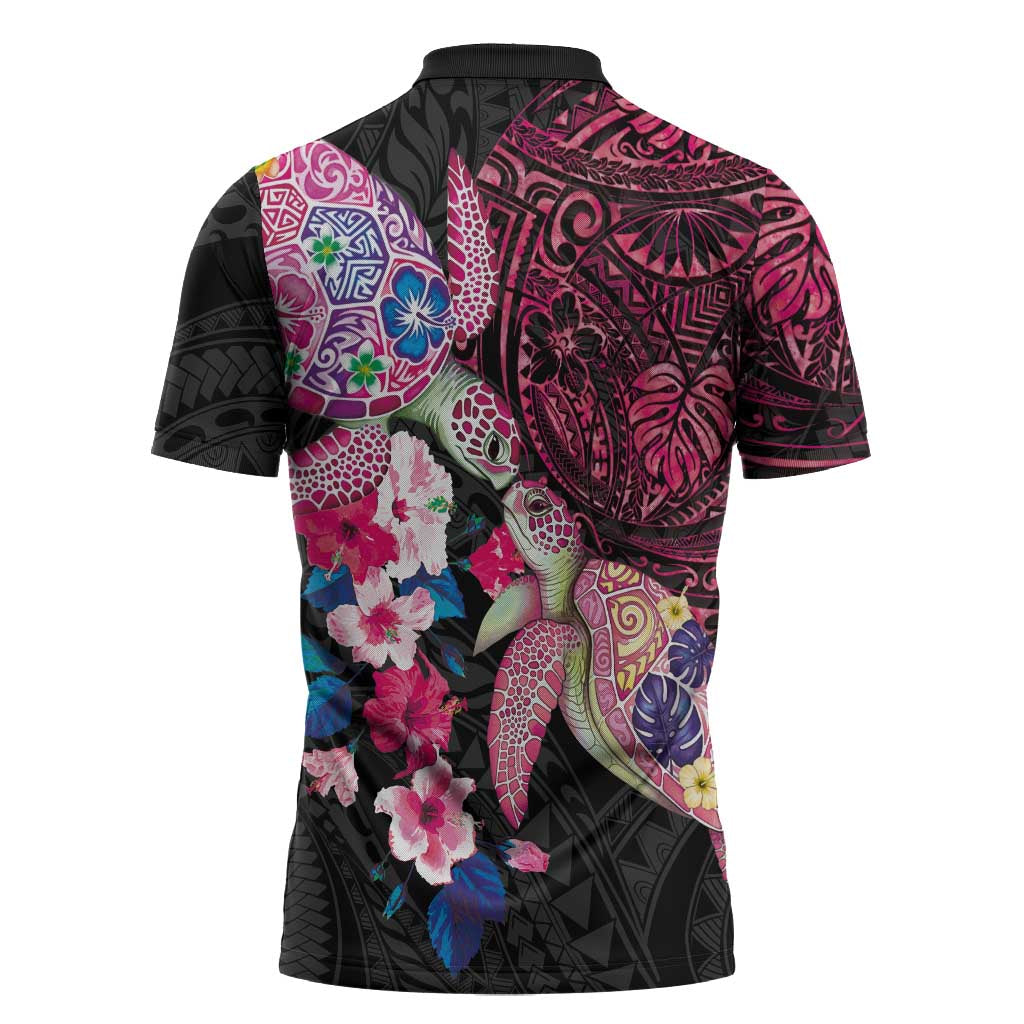 Hawaiian Couple Turtles Honi Zipper Polo Shirt Polynesian Art Motifs and Hibiscus Black Red Color LT03 - Polynesian Pride