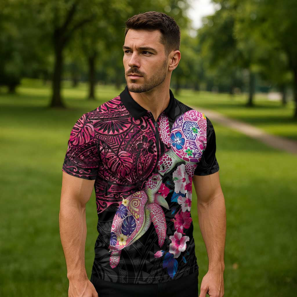Hawaiian Couple Turtles Honi Zipper Polo Shirt Polynesian Art Motifs and Hibiscus Black Red Color LT03 - Polynesian Pride