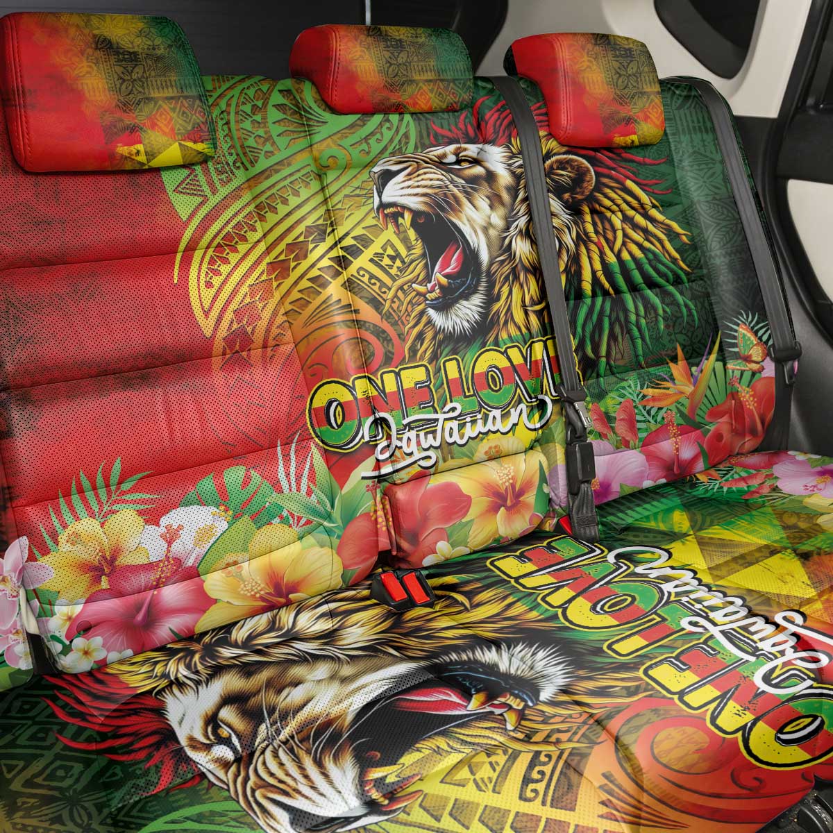Hawaiian Reggae Back Car Seat Cover Jawaiian One Love-Tribal Tatoos and Rastafari Lion LT03 - Polynesian Pride