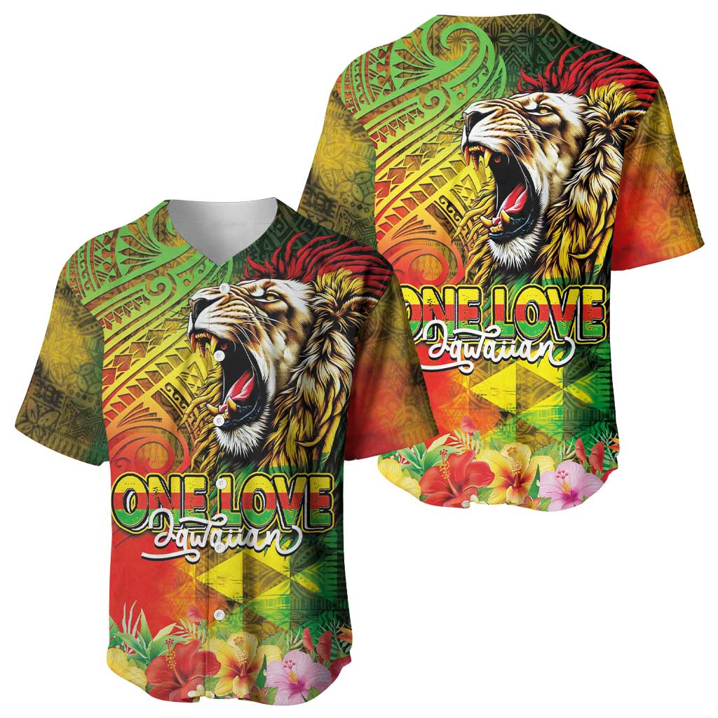 Hawaiian Reggae Baseball Jersey Jawaiian One Love-Tribal Tatoos and Rastafari Lion - Polynesian Pride