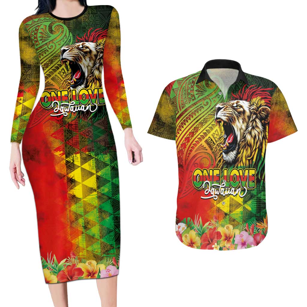 Hawaiian Reggae Couples Matching Long Sleeve Bodycon Dress and Hawaiian Shirt Jawaiian One Love-Tribal Tatoos and Rastafari Lion - Polynesian Pride