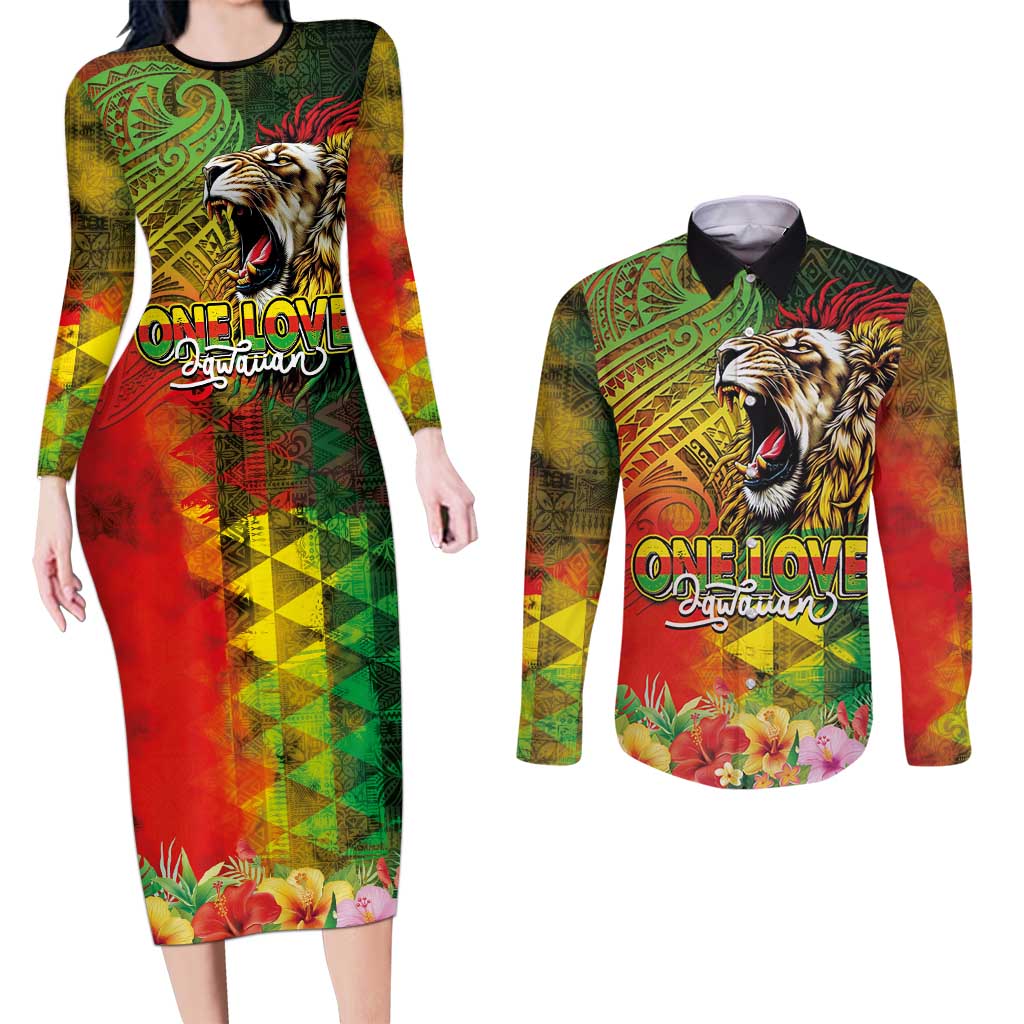 Hawaiian Reggae Couples Matching Long Sleeve Bodycon Dress and Long Sleeve Button Shirt Jawaiian One Love-Tribal Tatoos and Rastafari Lion LT03 Multicolor - Polynesian Pride