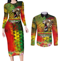 Hawaiian Reggae Couples Matching Long Sleeve Bodycon Dress and Long Sleeve Button Shirt Jawaiian One Love-Tribal Tatoos and Rastafari Lion LT03 Multicolor - Polynesian Pride