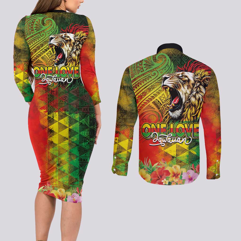 Hawaiian Reggae Couples Matching Long Sleeve Bodycon Dress and Long Sleeve Button Shirt Jawaiian One Love-Tribal Tatoos and Rastafari Lion LT03 - Polynesian Pride