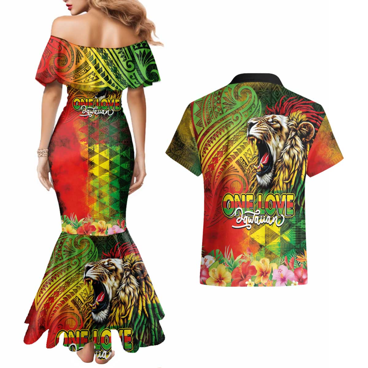 Hawaiian Reggae Couples Matching Mermaid Dress and Hawaiian Shirt Jawaiian One Love-Tribal Tatoos and Rastafari Lion LT03 - Polynesian Pride