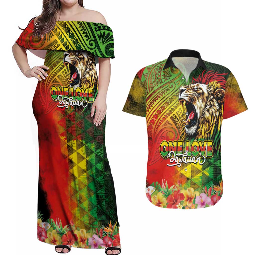 Hawaiian Reggae Couples Matching Off Shoulder Maxi Dress and Hawaiian Shirt Jawaiian One Love-Tribal Tatoos and Rastafari Lion LT03 Multicolor - Polynesian Pride