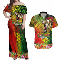 Hawaiian Reggae Couples Matching Off Shoulder Maxi Dress and Hawaiian Shirt Jawaiian One Love-Tribal Tatoos and Rastafari Lion LT03 Multicolor - Polynesian Pride
