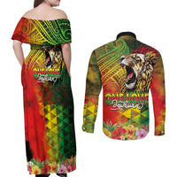 Hawaiian Reggae Couples Matching Off Shoulder Maxi Dress and Long Sleeve Button Shirt Jawaiian One Love-Tribal Tatoos and Rastafari Lion LT03 - Polynesian Pride