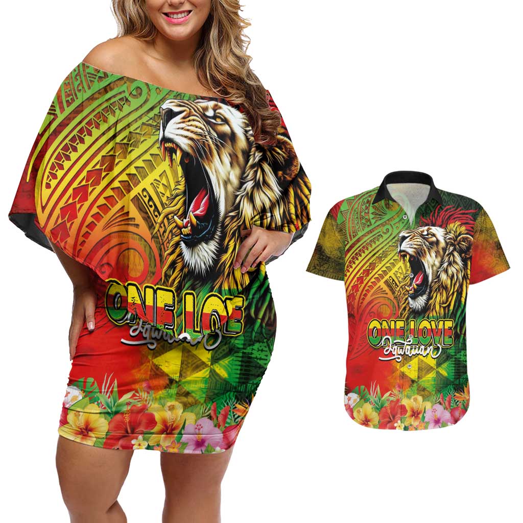 Hawaiian Reggae Couples Matching Off Shoulder Short Dress and Hawaiian Shirt Jawaiian One Love-Tribal Tatoos and Rastafari Lion LT03 Multicolor - Polynesian Pride